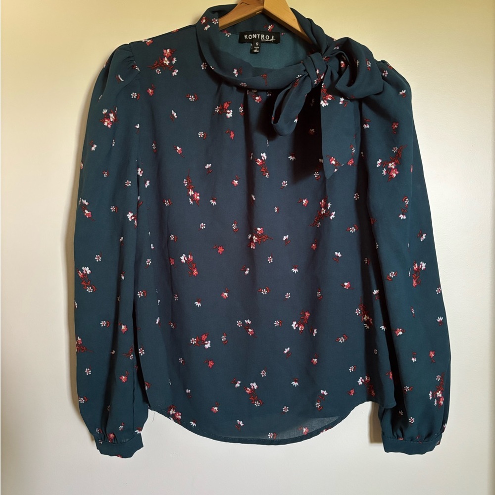 Teal Floral Blouse with Bow Detail by Kontrol